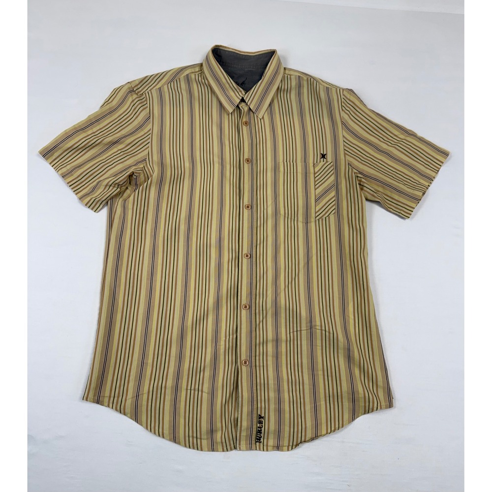 Hurley Y2K Mens Short Sleeve Button Down Shirt Striped Tan Yellow Brown Size L‎